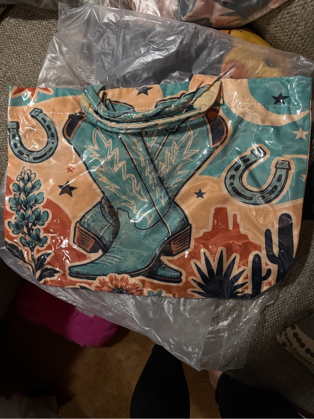 Western Boot Tote Bag in Teal and Tan - Unbranded
